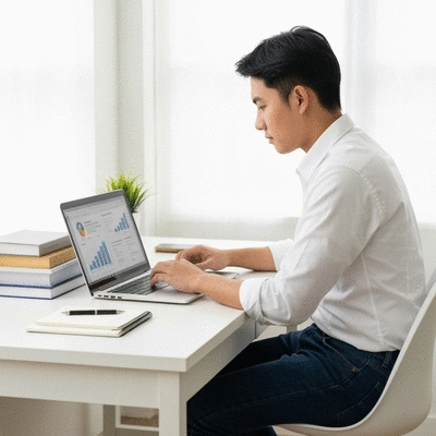 Person browsing financial literacy resources on a laptop, with books and a notepad on a clean desk, bright and inviting