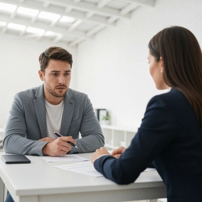 A self-employed borrower discussing documents with a mortgage consultant in a modern office setting.
