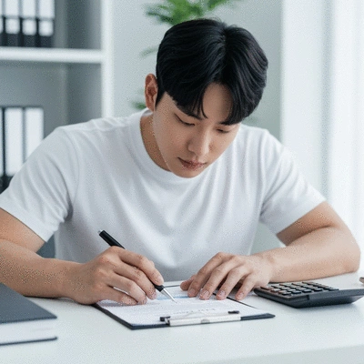 Person reviewing home loan documents with a pen, clean background