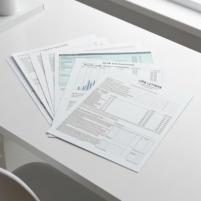 Stack of financial documents for a self-employed mortgage application: tax returns, bank statements, profit and loss statements, and CPA letters on a clean desk.