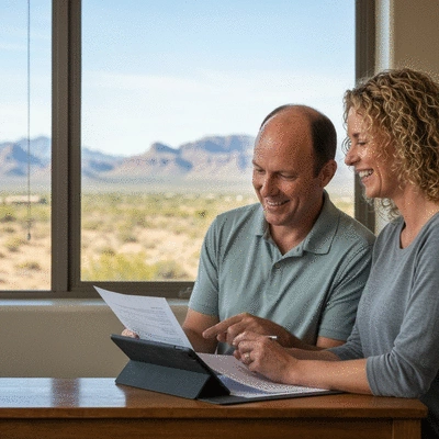 Happy couple reviewing mortgage documents on a tablet at home, Arizona desert background visible through window