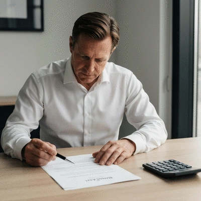 Person reviewing mortgage documents with a pen and calculator on a modern desk