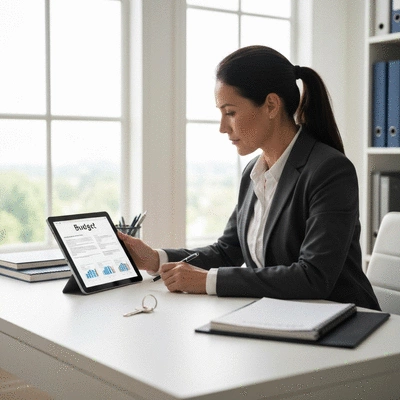 Homeowner reviewing a budget on a tablet with a house key, bright and organized setting