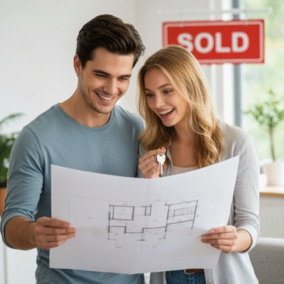 Couple happily looking at house blueprints, holding keys, with a 'Sold' sign in the background, bright and modern aesthetic, no text, no words, no typography, clean image, 8K