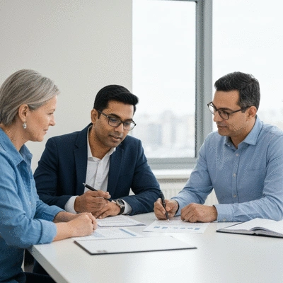 Professional discussing mortgage options with a couple, showing documents on a table
