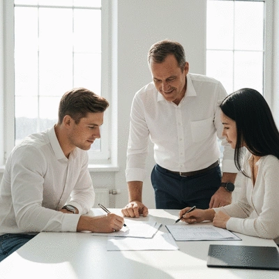 Modern couple reviewing home purchase documents with a financial advisor, bright and clean setting
