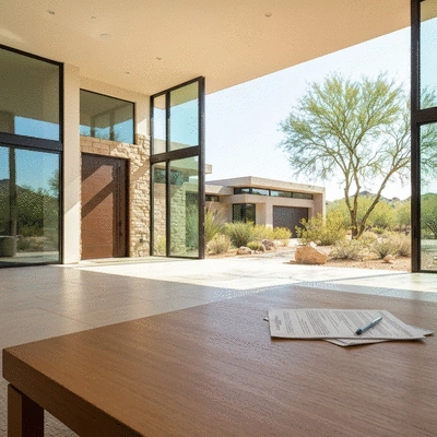 Modern luxury home in Arizona desert with mortgage documents on a table