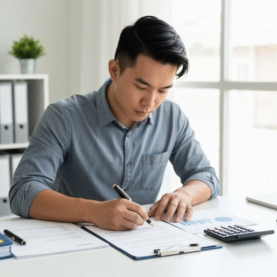 Close-up of a person organizing various financial documents for a mortgage application