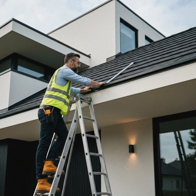 Home inspector checking a house roof with a ladder
