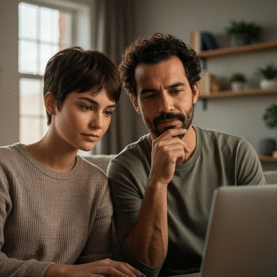 Couple discussing home loan options in a modern living room