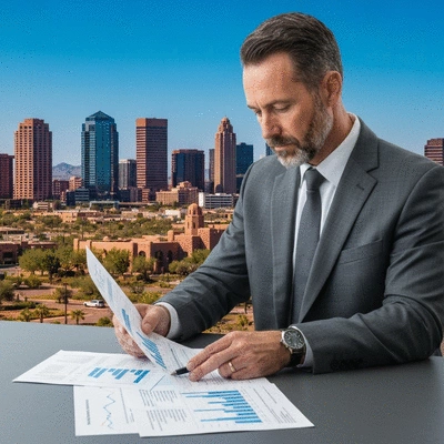 A person reviewing financial documents and graphs with a cityscape of Arizona in the background, symbolizing financial planning and growth, no text, no words, no typography, clean image
