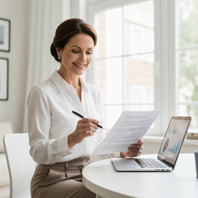Woman happily reviewing financial documents at home, symbolizing successful mortgage refinancing