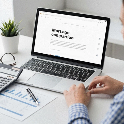 Person using a laptop with mortgage comparison website on screen, surrounded by financial documents
