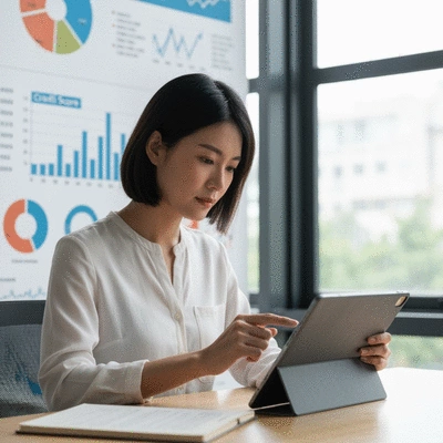 Person reviewing credit score on a tablet, with financial charts and graphs in the background, clean, modern aesthetic