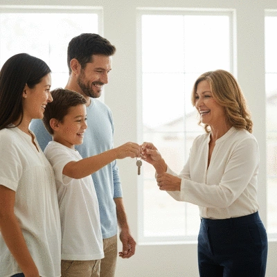 Arizona family receiving keys to their new home from a real estate agent, showing joy and achievement