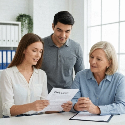 Couple reviewing FHA loan documents with a mortgage consultant
