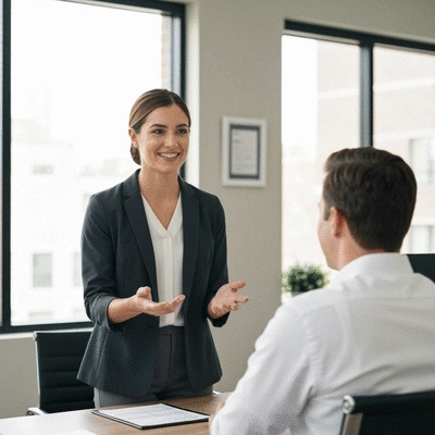 Mortgage professional explaining loan options to a first-time homebuyer in a modern office, no text, no words, no typography, clean image