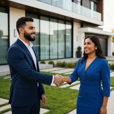Smiling couple shaking hands with a real estate agent in front of a new home, bright and modern aesthetic