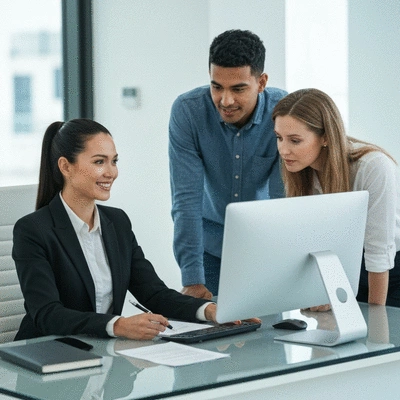 Professional mortgage broker discussing homeownership options with a diverse couple in a modern office, bright and clean