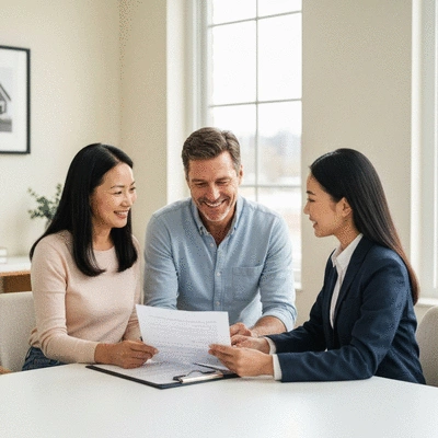 Happy couple reviewing home loan documents with a mortgage consultant