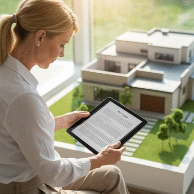 Person reviewing mortgage documents on a tablet with a house model in the background, representing financial planning.