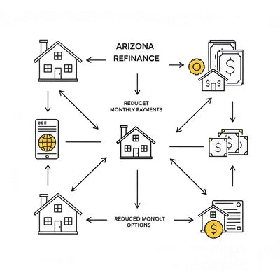 Stylized graphic showing various Arizona refinance options with arrows pointing to benefits like lower rates and cash-out, no text, no words, no typography, clean image