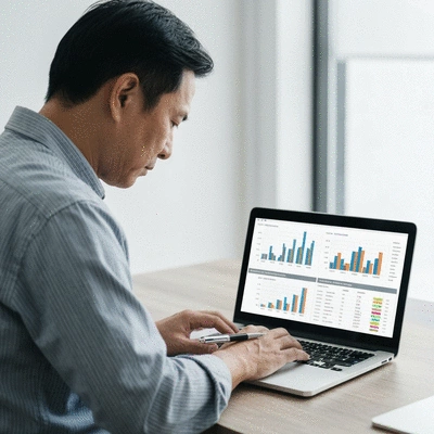 Person using a laptop with graphs and financial data, representing evaluating mortgage and researching options, no text, no words, no typography, clean image