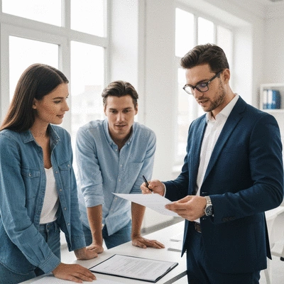 Couple reviewing mortgage documents with a financial advisor in a modern office