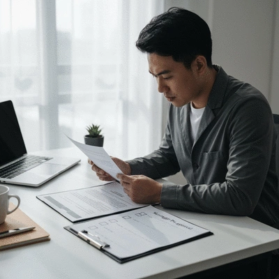 Person reviewing mortgage pre-approval documents, checklist on a modern desk, natural light, no text, no words, no typography, clean image, 8K